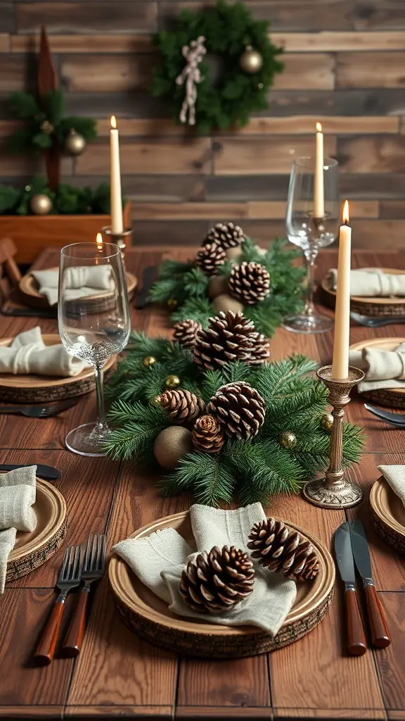 A rustic Christmas dining table setting with wooden plates, pinecones, greenery, and candles.