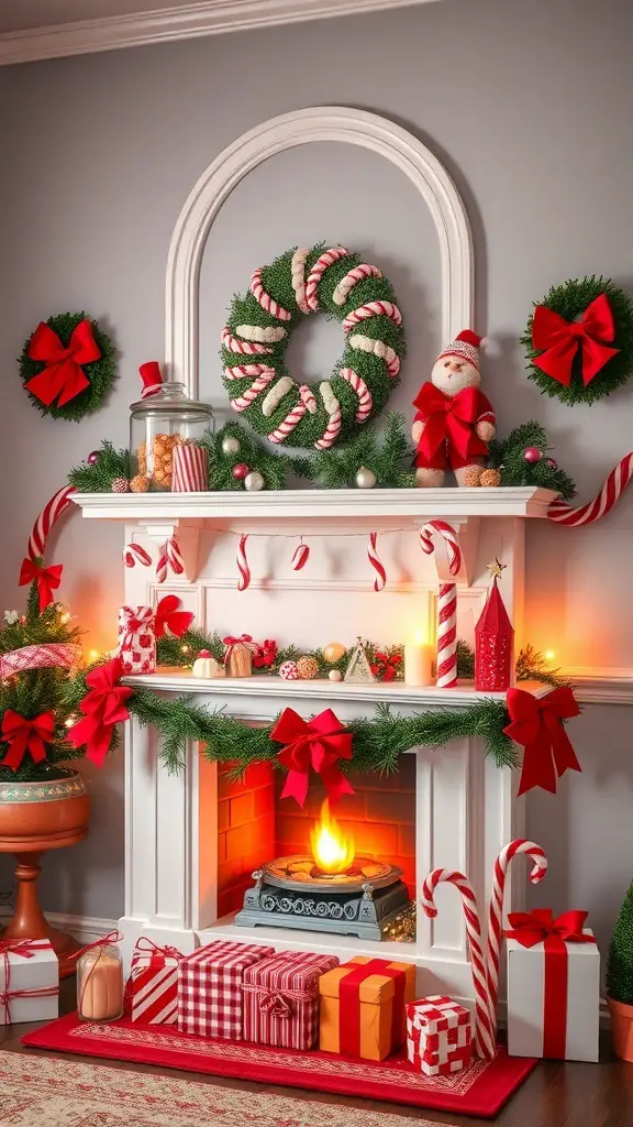 29+ Creative Christmas Mantel Decorating Ideas to Inspire Your Holiday Spirit 11 A festive mantel decorated in a colorful candy cane theme with wreath, bows, and gift boxes.