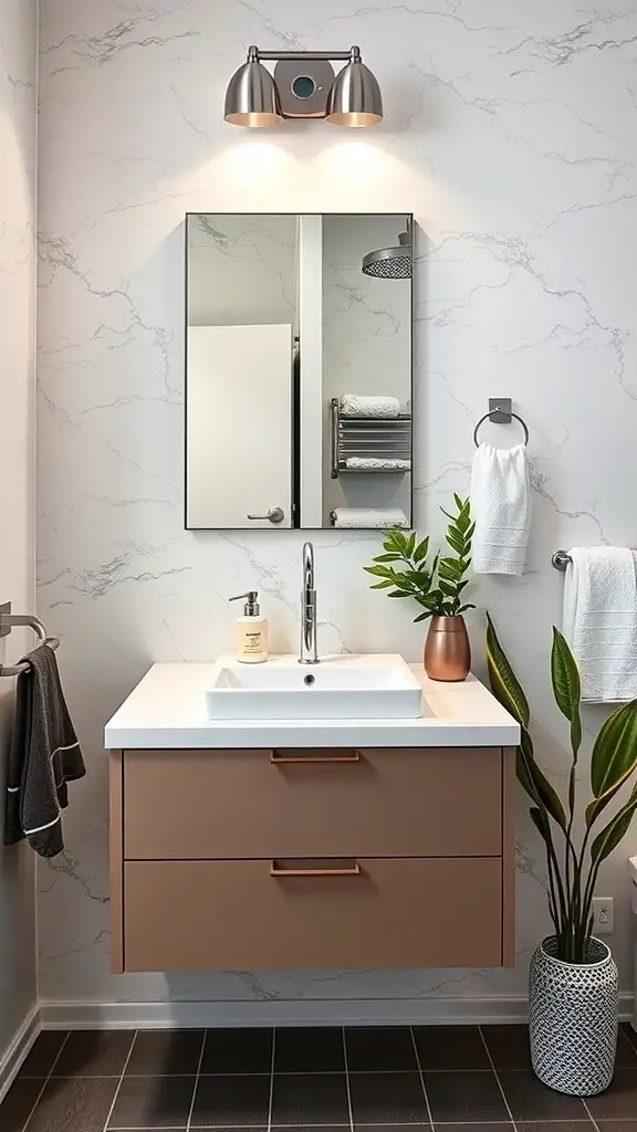25+ Chic Half Bathroom Ideas to Refresh Your Space 13 A modern half bathroom featuring a floating vanity with a white countertop and brown cabinet, accompanied by a mirror and stylish lighting.