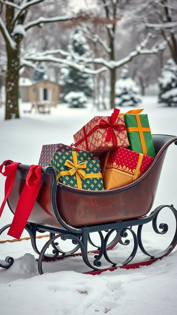 A vintage sleigh filled with colorful presents in a snowy outdoor setting.