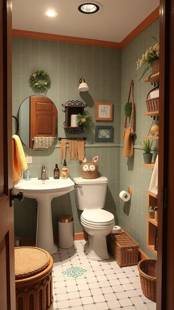 25+ Chic Half Bathroom Ideas to Refresh Your Space 15 A cozy half bathroom featuring whimsical decor, including a bunny-eared basket, plants, and colorful textiles.