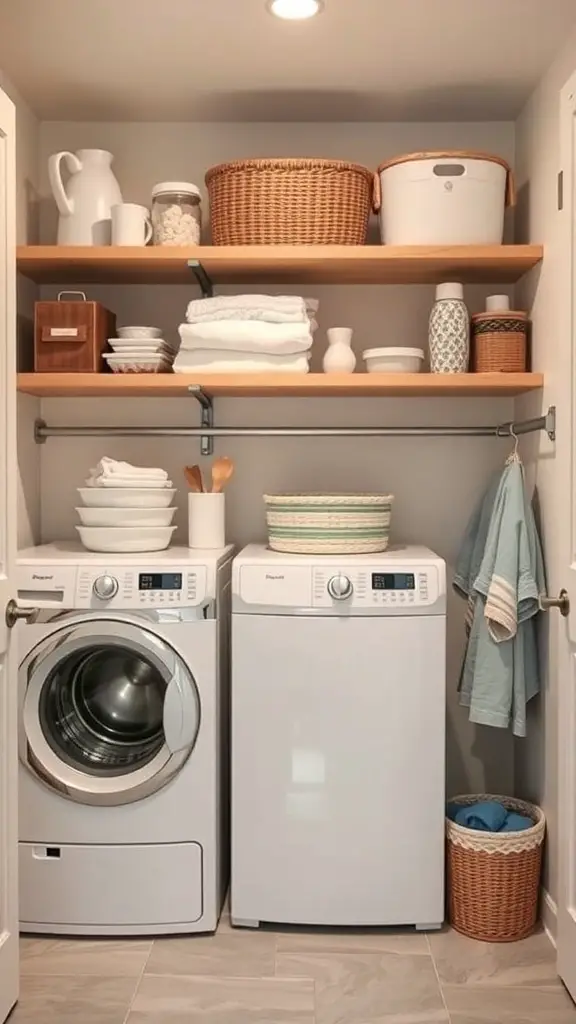 A small laundry room featuring open shelving above a washer and dryer, organized with baskets and containers.