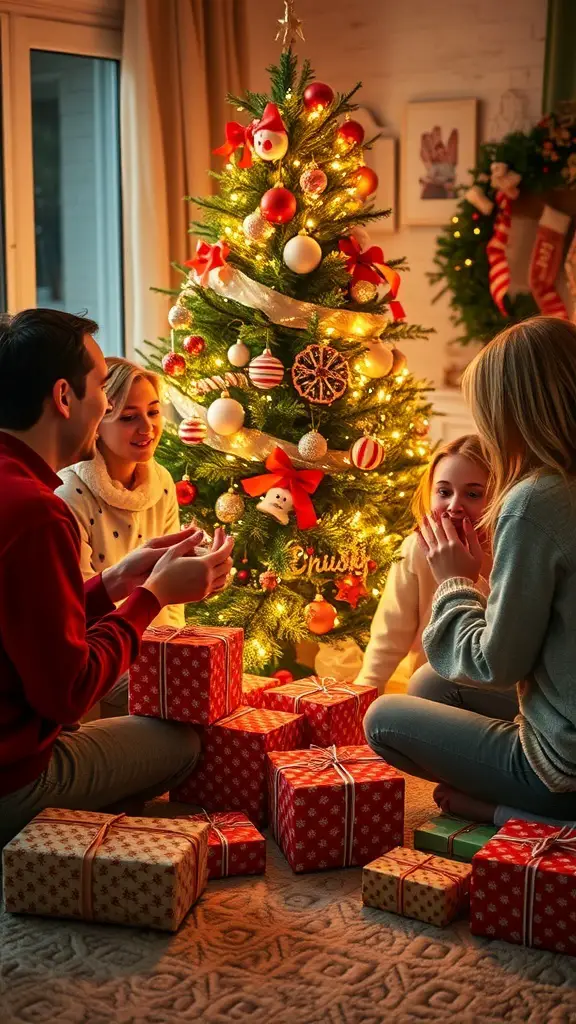 23+ Festive Christmas Event Ideas for a Joyous Celebration 8 A cozy Christmas gathering with friends around a decorated tree and wrapped gifts.