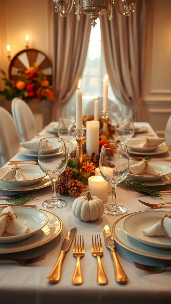 A beautifully set Thanksgiving dinner table with gold and white theme, featuring elegant plates, candles, and seasonal decorations.