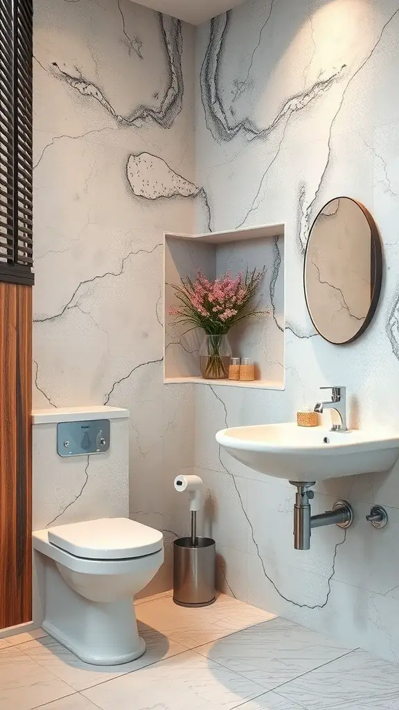 21+ Timeless Bathroom Ideas You’ll Love 15 A modern bathroom featuring artistic marble-like wall treatments, a round mirror, and a small shelf with flowers.