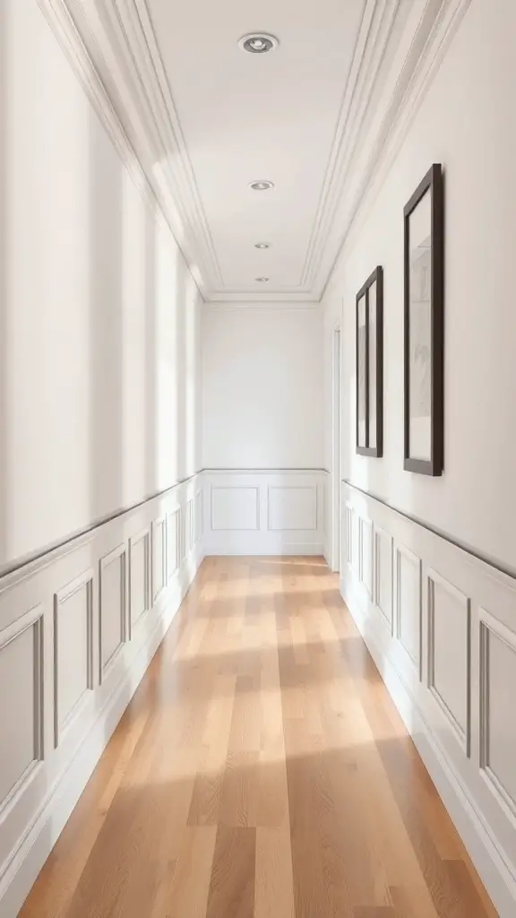 27+ Stunning Wall Molding Ideas to Transform Your Space 7 A bright hallway featuring elegant wainscoting and framed artwork.