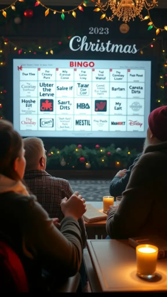 A group of people playing Christmas Movie Bingo in a festive setting with a bingo card displayed on a screen.
