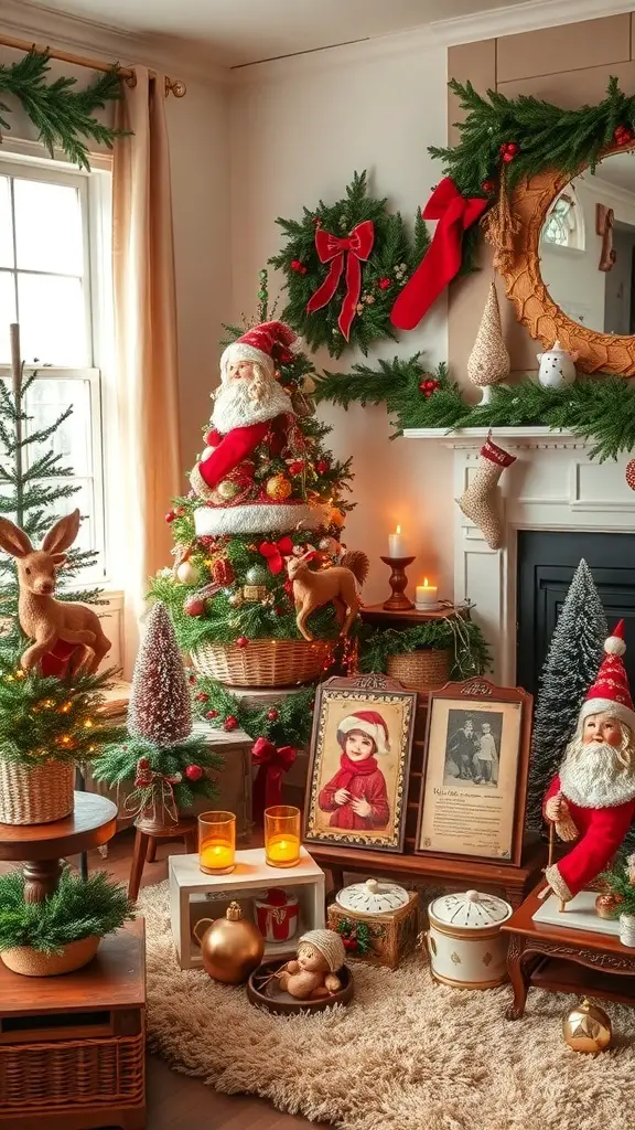 25+ Creative Christmas Decor Ideas for Your Living Room 12 A cozy living room decorated with vintage Christmas collectibles, including a Christmas tree, Santa figurines, and warm lighting.