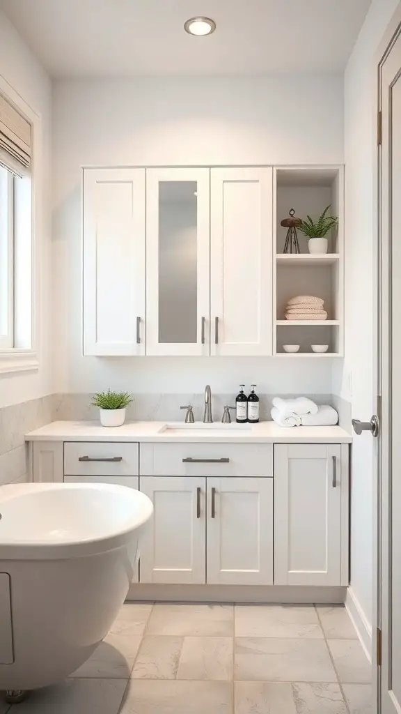 25+ Chic White Bathroom Ideas for a Timeless Look 12 Modern white bathroom with sleek storage solutions, featuring cabinets, open shelving, and a stylish sink.