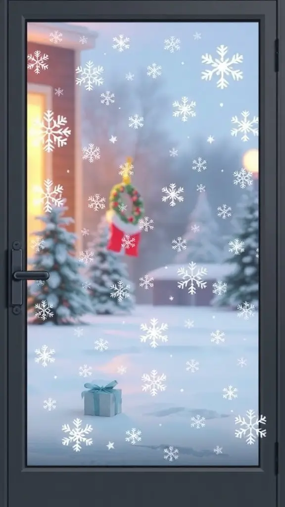 29+ Creative Christmas Doorway Decorations to Brighten Your Holiday Season 12 A door with frosted window decorations featuring snowflakes and a festive wreath, with a gift box on the snowy ground.
