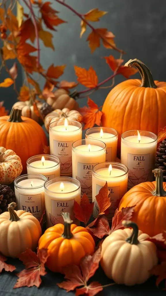 A collection of festive scented candles surrounded by pumpkins and autumn leaves.