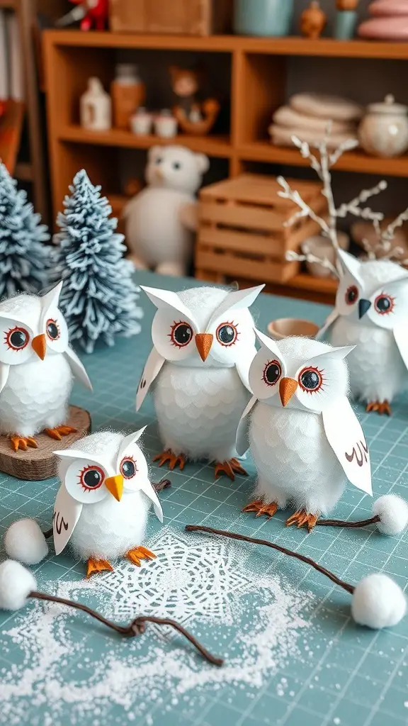 A collection of snowy owl crafts made from cotton and paper, displayed on a crafting table.