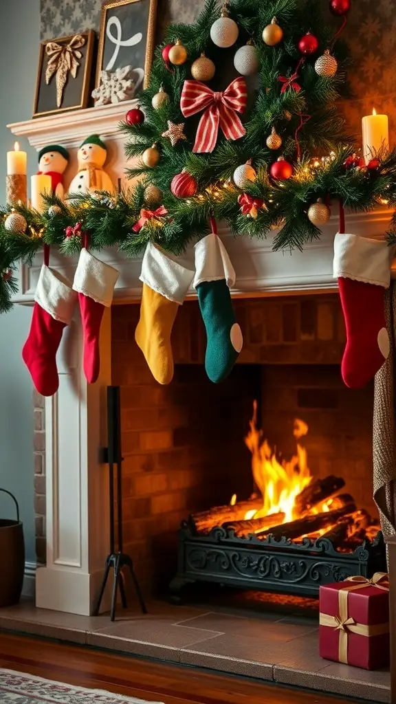 Colorful stockings hanging by a cozy fireplace decorated for Christmas