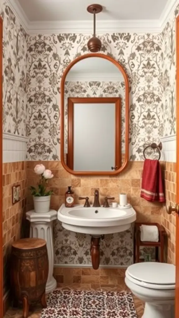 An eclectic bathroom featuring an arched mirror, floral wallpaper, and rustic decor.