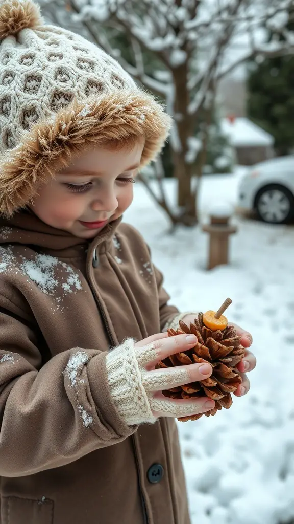 A child holding a decorated pinecone bird feeder in a snowy setting.