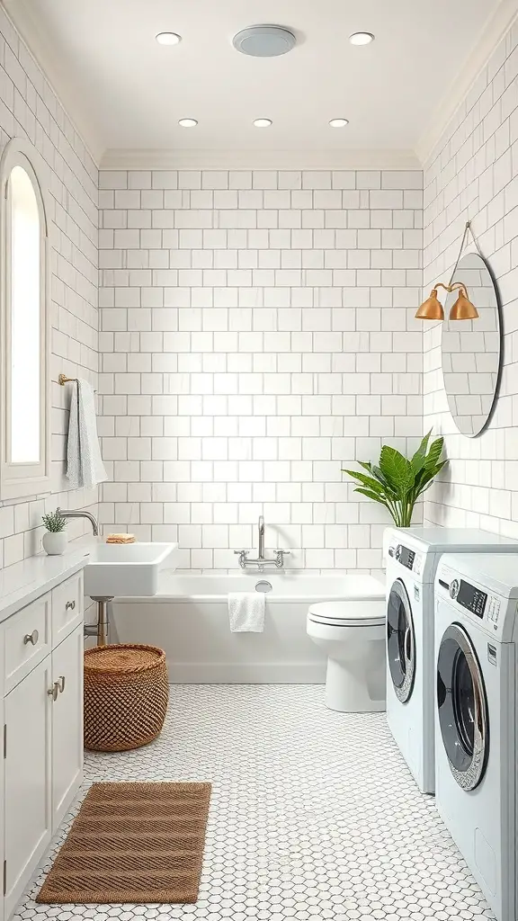 25+ Creative Bathroom Laundry Combo Ideas for Space-Saving Solutions 12 A functional bathroom laundry combo featuring a bathtub, washer, dryer, and stylish decor.