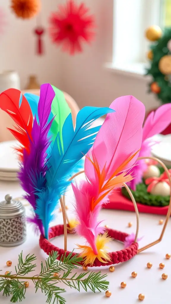 25+ Fun Thanksgiving Crafts for Kids to Make Together 13 Colorful DIY feather headbands for kids, featuring vibrant feathers in pink, blue, and purple.