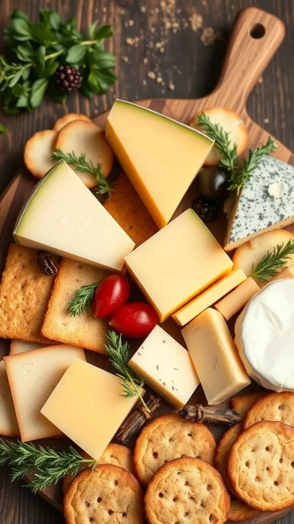 A beautifully arranged cheese and cracker display featuring various cheeses, crackers, and garnishes.
