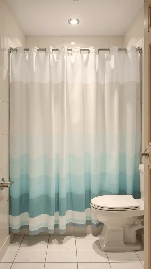 Layered shower curtain with a gradient design in a small bathroom
