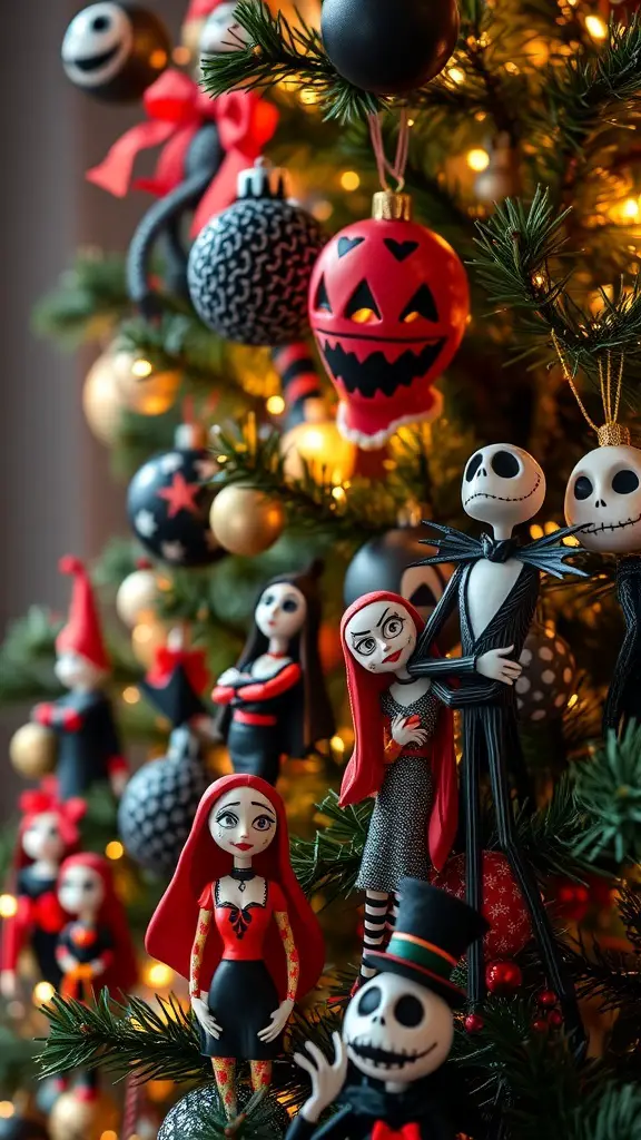 25+ Creative Nightmare Before Christmas Tree Ideas for Holiday Magic 10 A decorated Christmas tree featuring character figurines from The Nightmare Before Christmas, including Jack Skellington and Sally, along with themed ornaments.