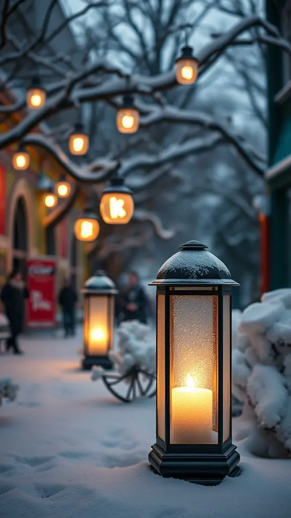 Frosted lanterns glowing in the snow, creating a warm atmosphere.