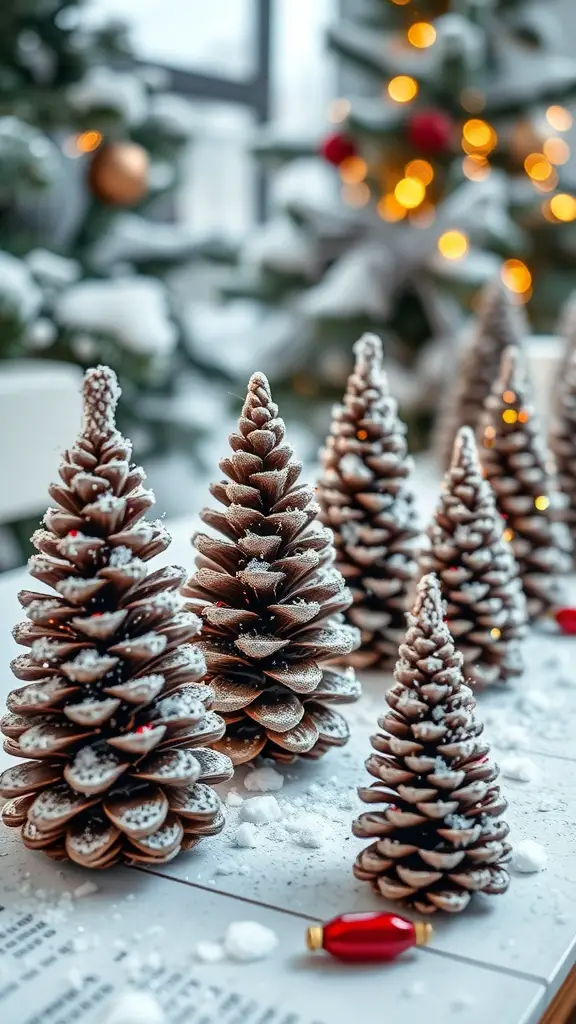 A collection of decorated pine cone Christmas trees with a snowy effect and festive lights in the background.