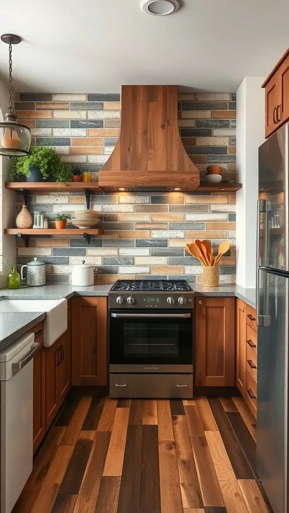 31+ Rustic Kitchen Design Ideas to Transform Your Space 15 A rustic kitchen with a textured tile backsplash in earthy tones, wooden cabinets, and an elegant range hood.