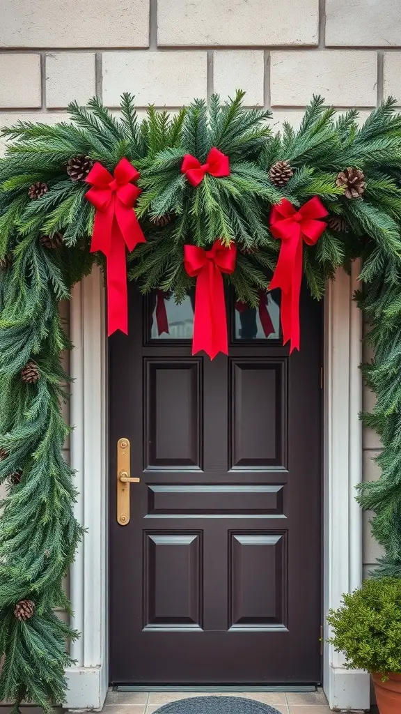An elegant evergreen garland with red bows and pinecones decorating a doorway.