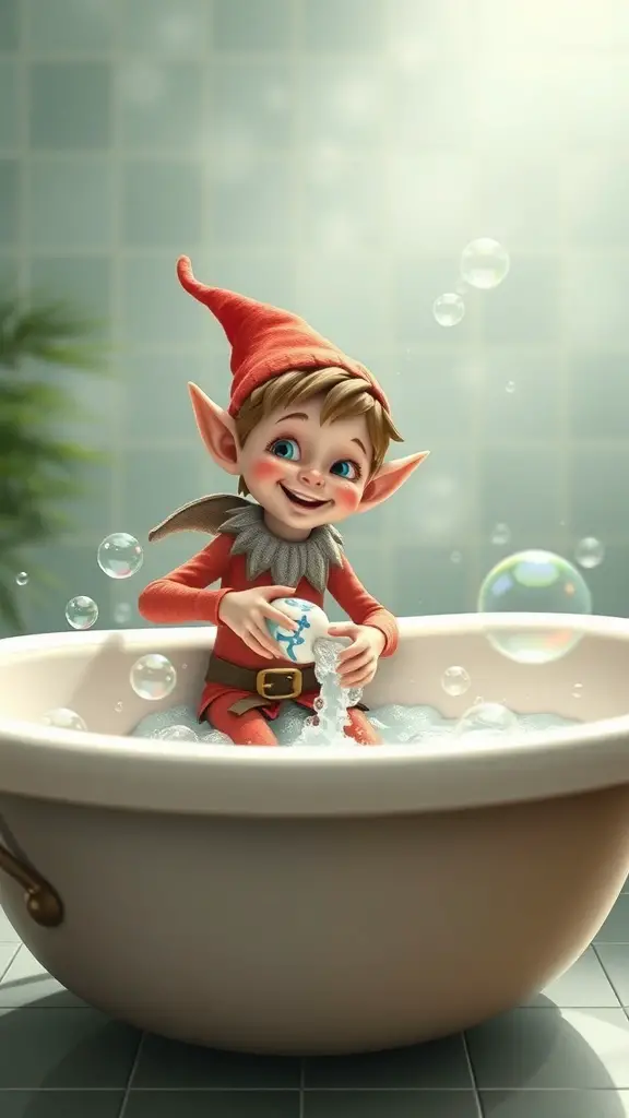 25+ Creative Elf on the Shelf Bathroom Ideas You Need to Try 13 A cheerful elf in a bubble bath, surrounded by bubbles and festive decorations.