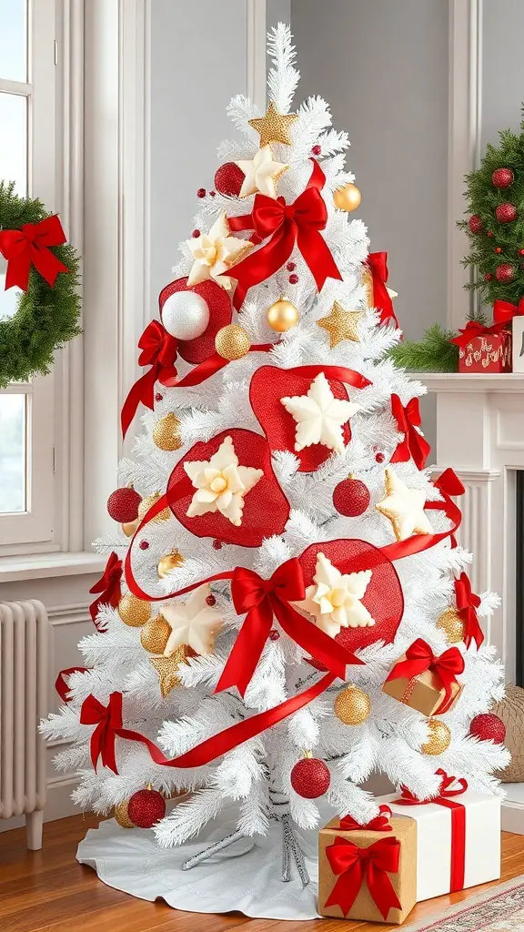 A beautifully decorated white Christmas tree with red and gold ornaments, ribbons, and presents underneath.