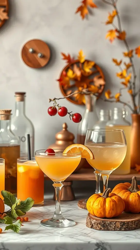 29+ Creative Thanksgiving Party Ideas to Celebrate in Style 9 A beautifully arranged autumn-inspired cocktail station with drinks and decorations.