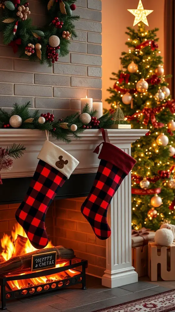 Buffalo plaid stockings hanging on a mantle with a cozy fireplace and a decorated Christmas tree in the background.
