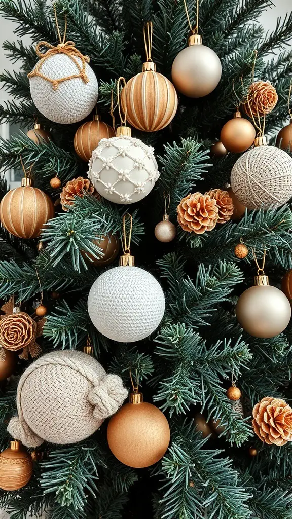 A beautifully decorated Christmas tree with a mix of knitted and metallic ornaments, featuring pinecones for a natural touch.