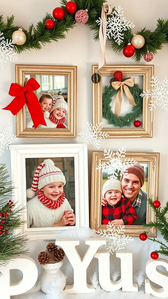 Festively decorated picture frames showcasing happy family photos for the holiday season.