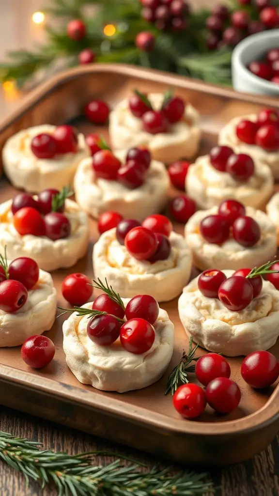 A tray of cranberry brie bites topped with fresh cranberries and rosemary, surrounded by festive decorations.