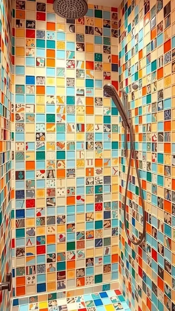 25+ Stunning Pony Wall Shower Ideas for Your Bathroom Remodel 5 A colorful mosaic shower wall with various patterned tiles in shades of blue, orange, and cream.