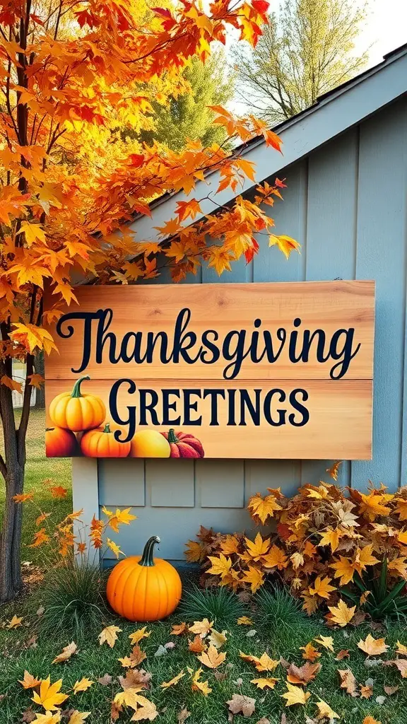 Wooden sign saying 'Thanksgiving Greetings' surrounded by autumn leaves and pumpkins