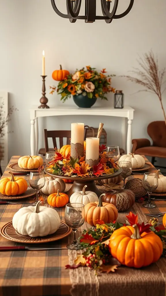 A beautifully decorated Thanksgiving table with pumpkins, candles, and autumn flowers.