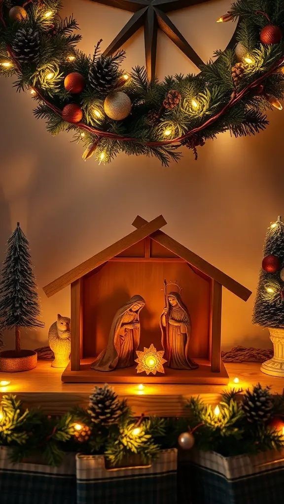 A beautifully lit wooden nativity scene surrounded by festive decorations.