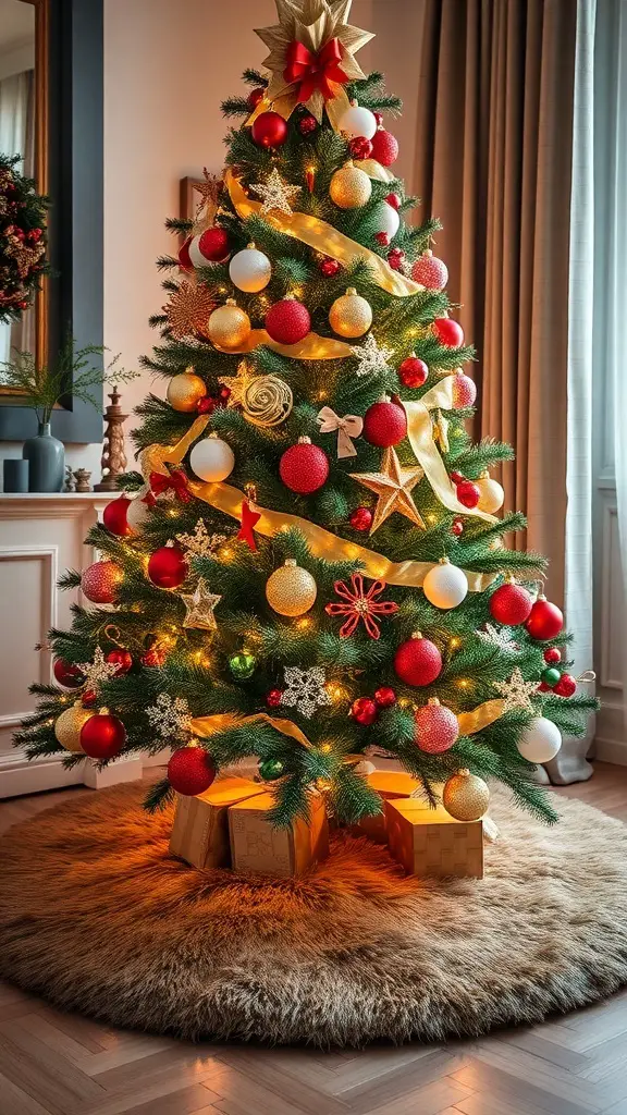 A beautifully decorated Christmas tree with a faux fur tree skirt, surrounded by presents.