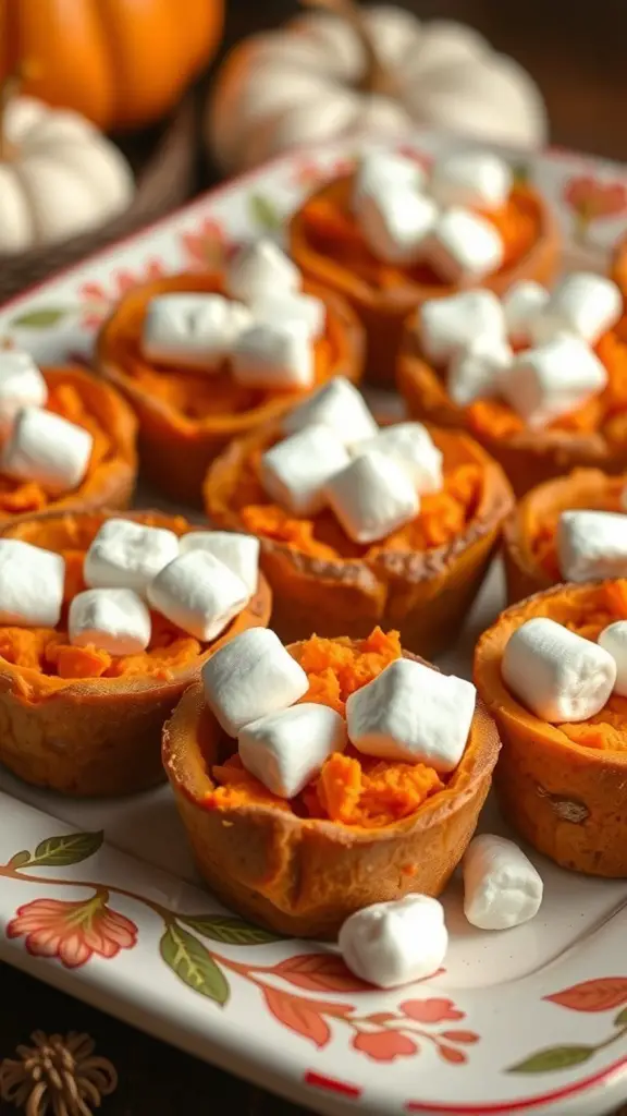 27+ Must-Try Christmas Snacks for Your Holiday Party 16 Sweet potato bites topped with marshmallows on a decorative plate