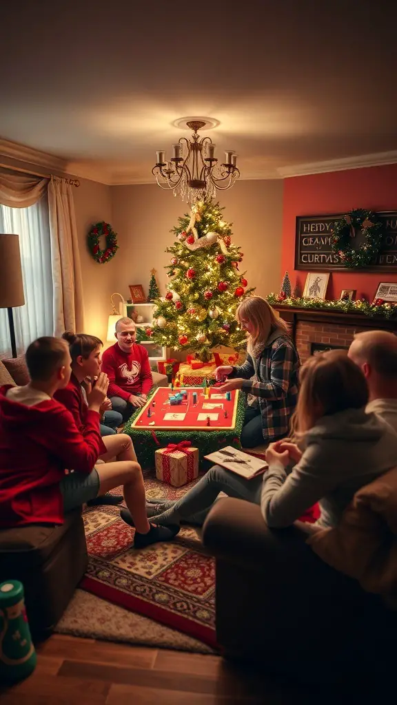 A cozy living room with a Christmas tree, where friends and family are playing a board game together.