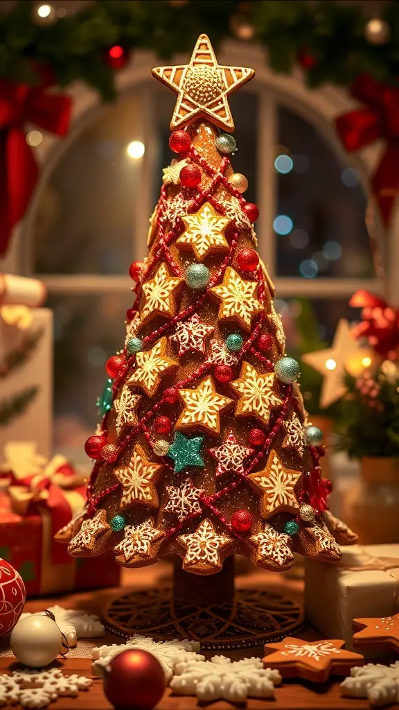 A beautifully decorated gingerbread Christmas tree with edible glitter, colorful ornaments, and star-shaped cookies.