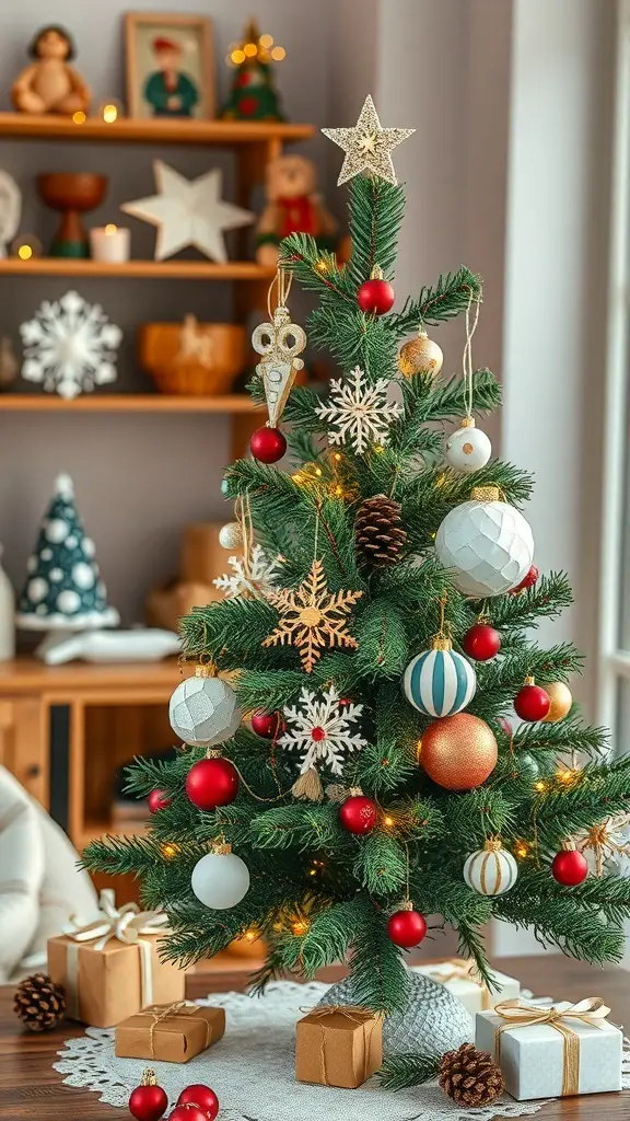 27+ Adorable Tabletop Christmas Tree Ideas for Your Holiday Decor 15 A beautifully decorated tabletop Christmas tree with ornaments and gifts.