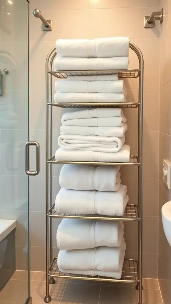 23+ Stylish Bathroom Towel Rack Ideas You’ll Love 5 Multi-tiered towel rack with neatly stacked white towels in a modern bathroom
