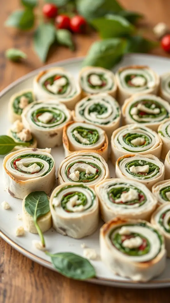 27+ Must-Try Christmas Snacks for Your Holiday Party 12 A plate of Savory Spinach and Feta Pinwheels, garnished with fresh spinach and cherry tomatoes.
