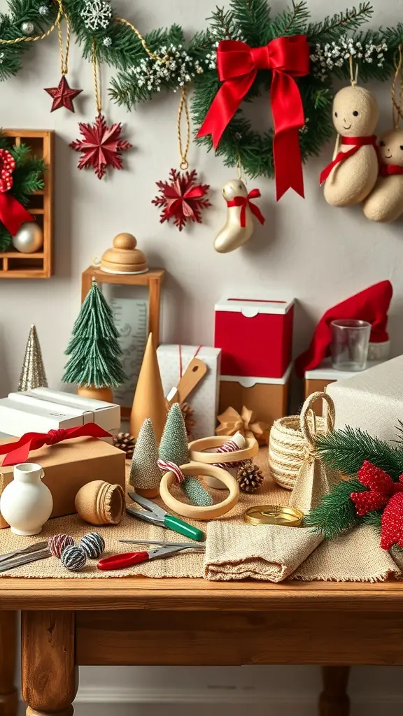A festive DIY Christmas crafts station with various supplies like ribbons, scissors, and decorations on a wooden table.