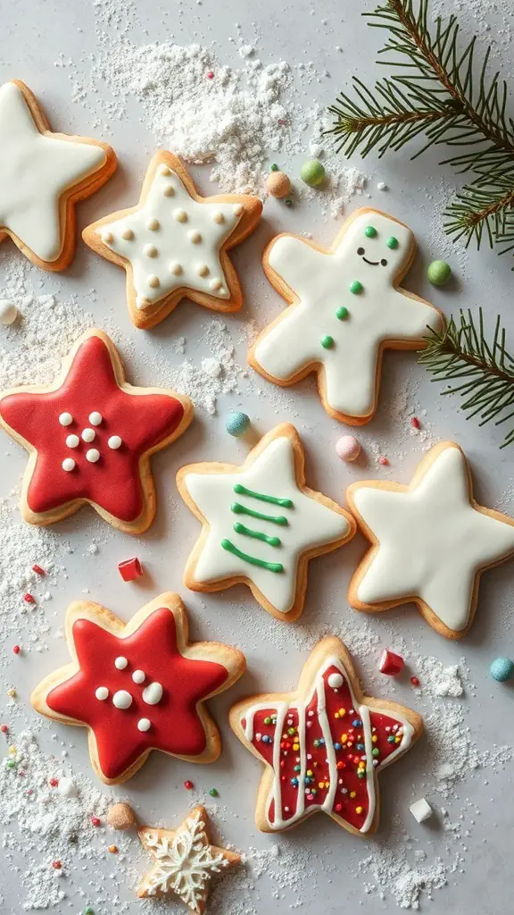 29+ Fun and Festive Christmas Snacks for Kids 13 A variety of decorated Christmas cookies including stars and a gingerbread man on a light surface with sprinkles and powdered sugar.