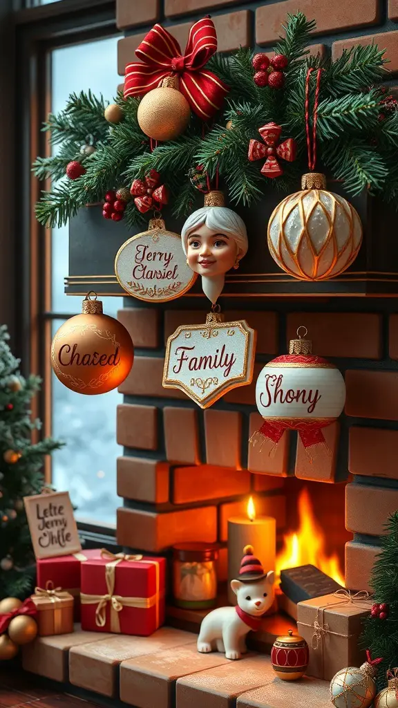 A cozy Christmas chimney decoration with personalized family ornaments and festive accents.