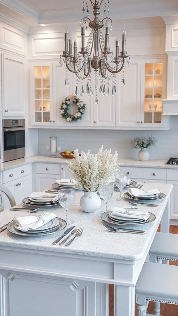 A beautifully arranged snowy white table setting on a kitchen island, featuring a white vase with flowers, elegant plates, and sparkling glassware.